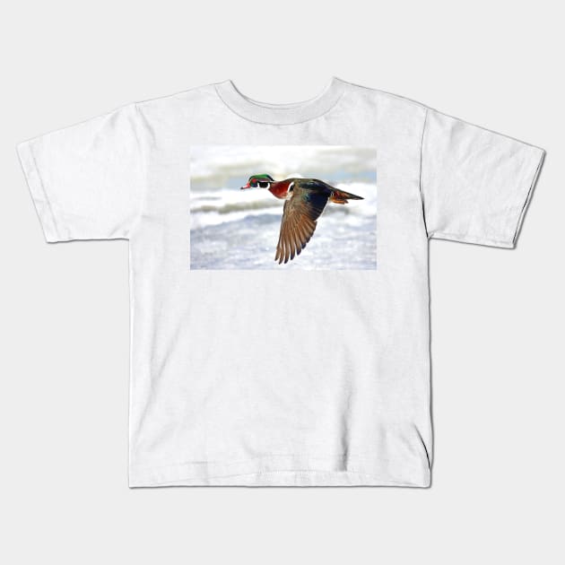 Colourful flight - Wood Duck Kids T-Shirt by Jim Cumming